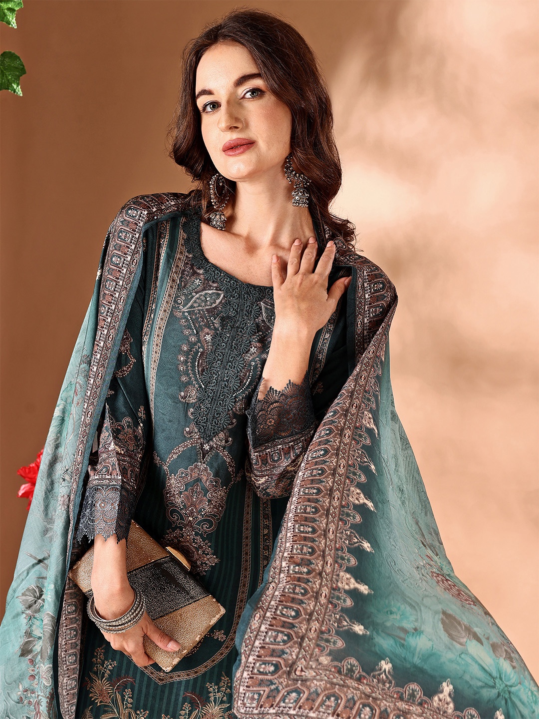 

JIVORA Ethnic Motifs Printed Pure Silk Straight Kurta With Pyjamas & Dupatta, Turquoise blue