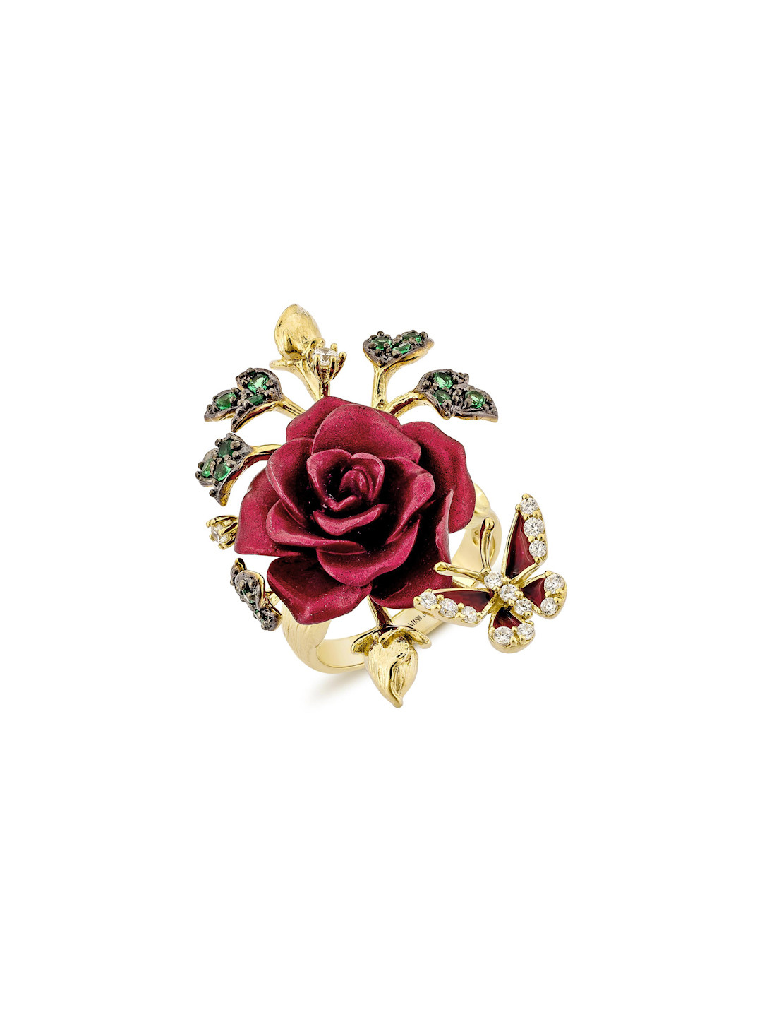 

MISS JO 925 Sterling Silver Gold-Plated Stone-Studded Whimsical Winged Rose Cocktail Ring