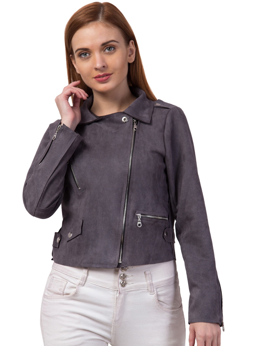 

GalaxyTrendz Women Suede Windcheater Crop Tailored Jacket, Grey