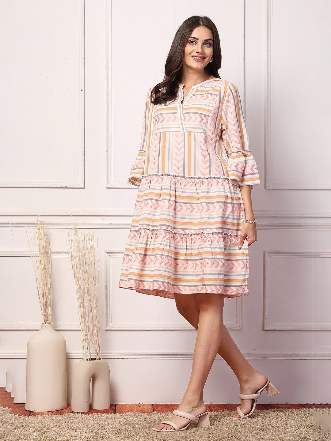 

House Of Zelena Ethnic Motifs Print Bell Sleeve Maternity A-Line Dress, Pink