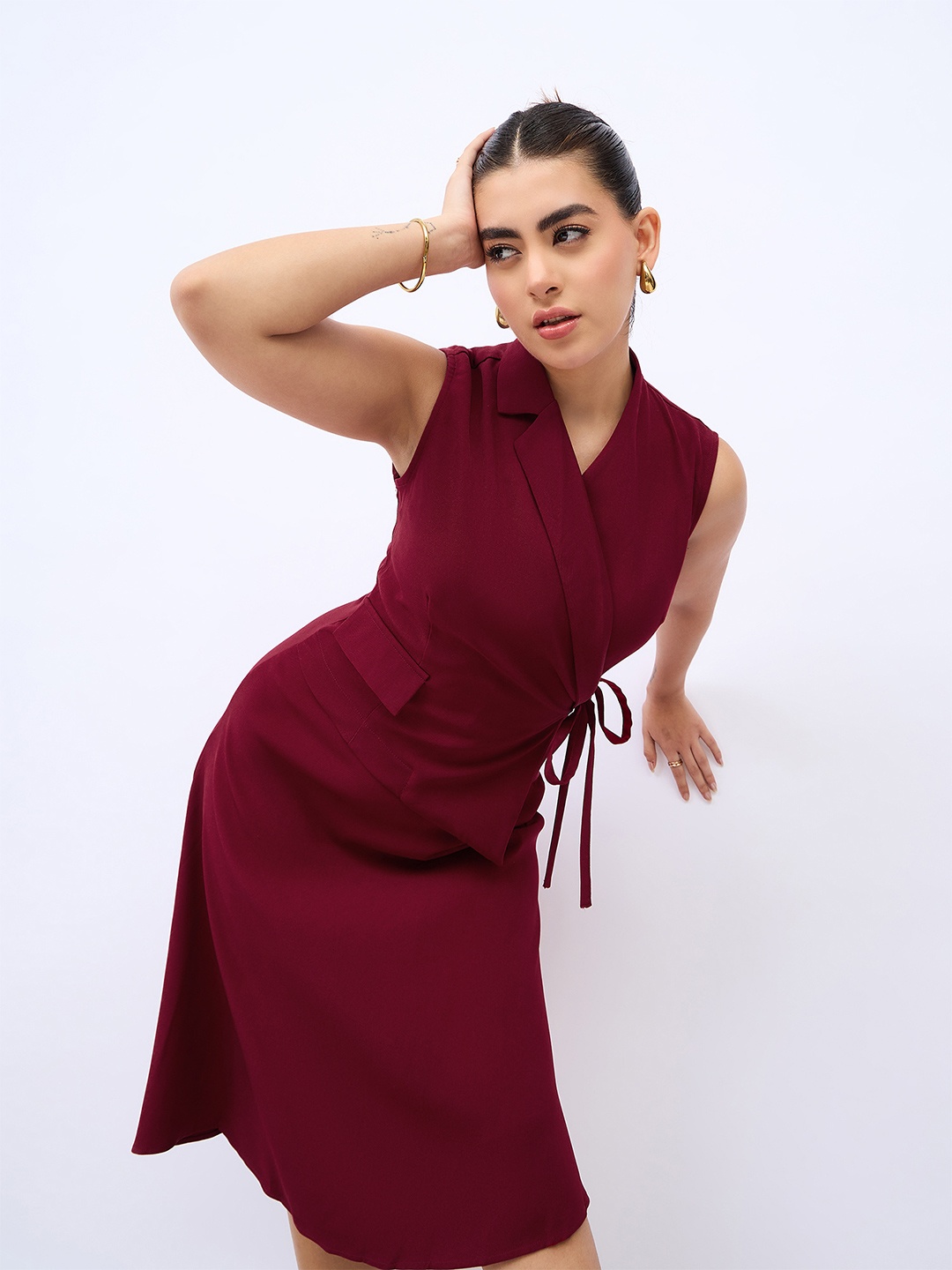 

Styli Tie-Up Sleeveless Blazer Midi Dress, Red