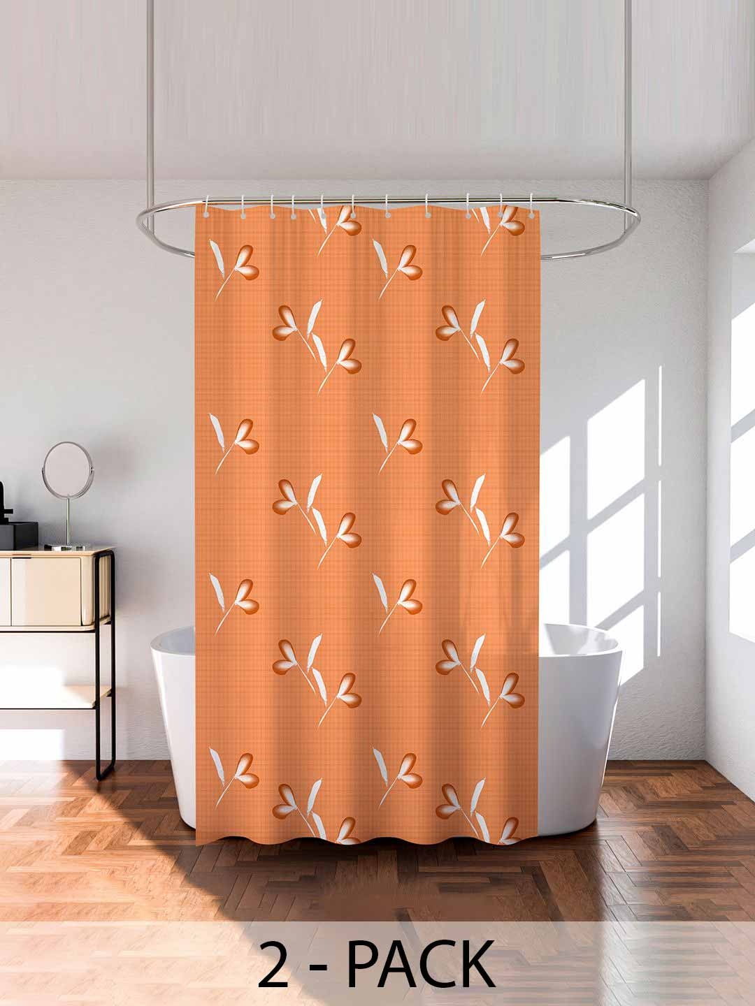 

Kuber Industries Orange & White 2 Pieces Floral Printed Shower Curtain With Rings