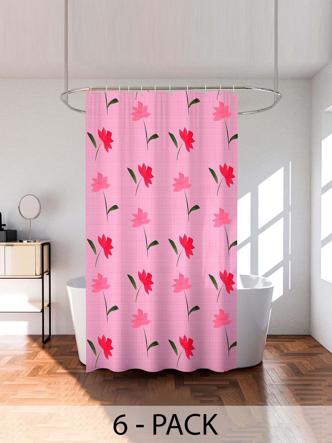 

Kuber Industries Pink & Red 6 Pieces Floral Printed Shower Curtain With Rings