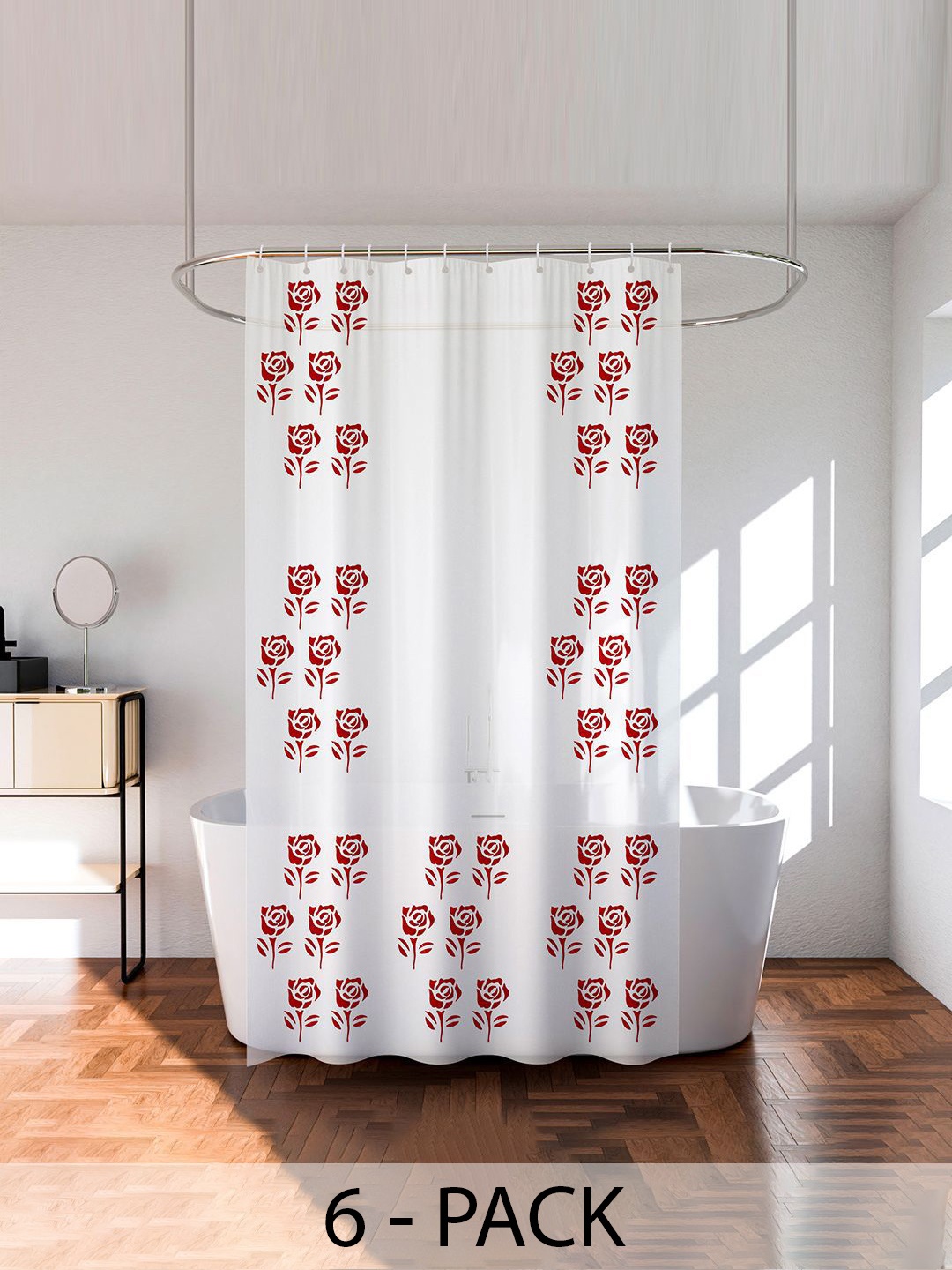 

Kuber Industries Transparent & Red 6 Pieces Printed Waterproof Shower Curtains