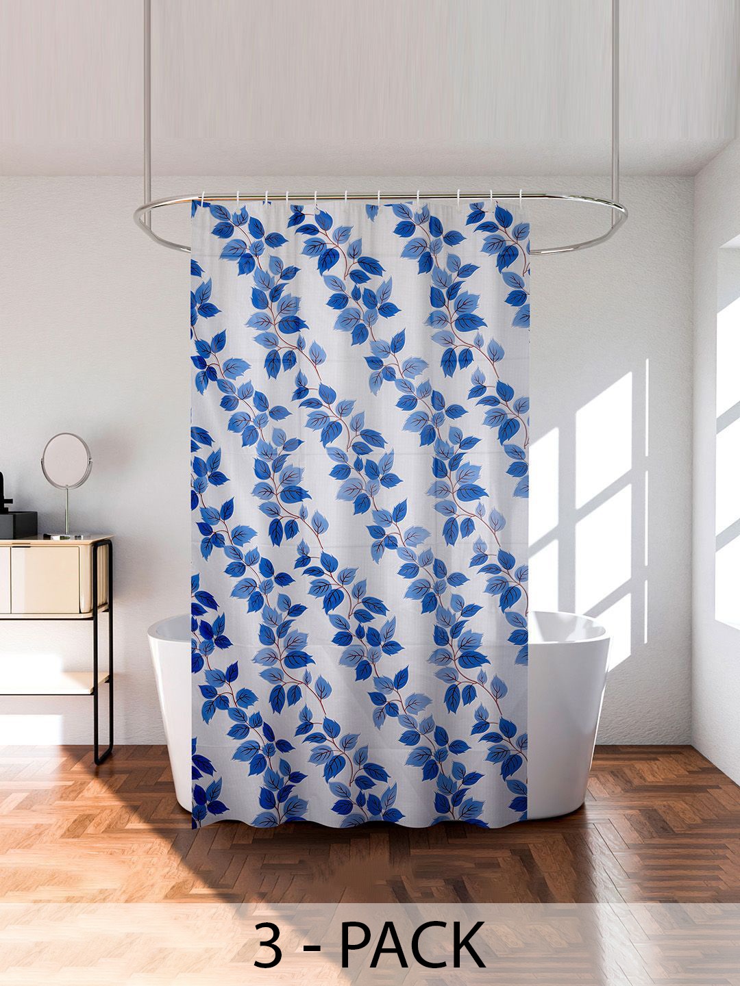 

Kuber Industries White & Blue 3 Pieces Floral Printed Shower Curtain With Rings