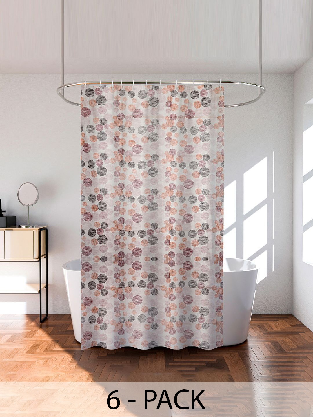 

Kuber Industries White & Orange 6 Pieces Printed Shower Curtain With Rings