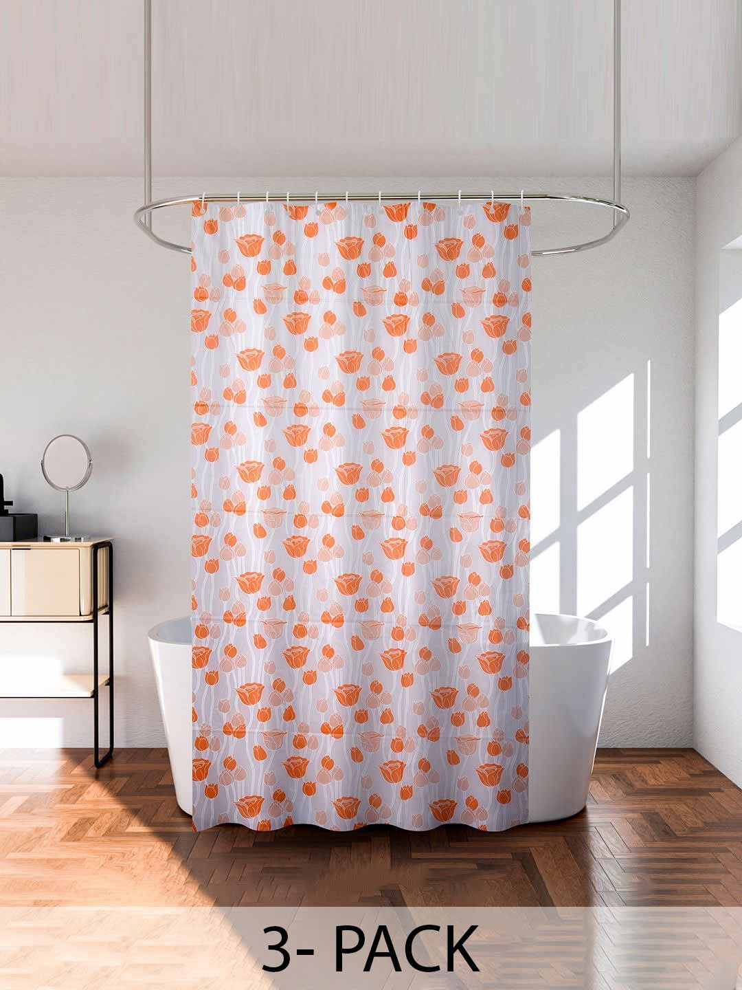 

Kuber Industries Orange & Transparent 3 Pieces Floral Printed Shower Curtain With Rings