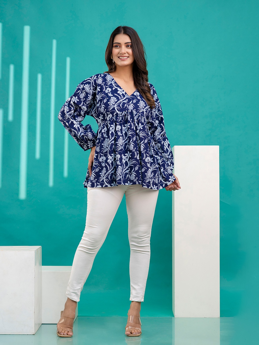 

Nayo Women Printed V-Neck Cotton Ethnic Tunic, Navy blue