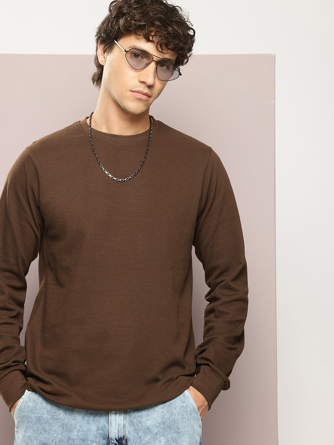 

DILLINGER Self Design Crew Neck T-shirt, Brown