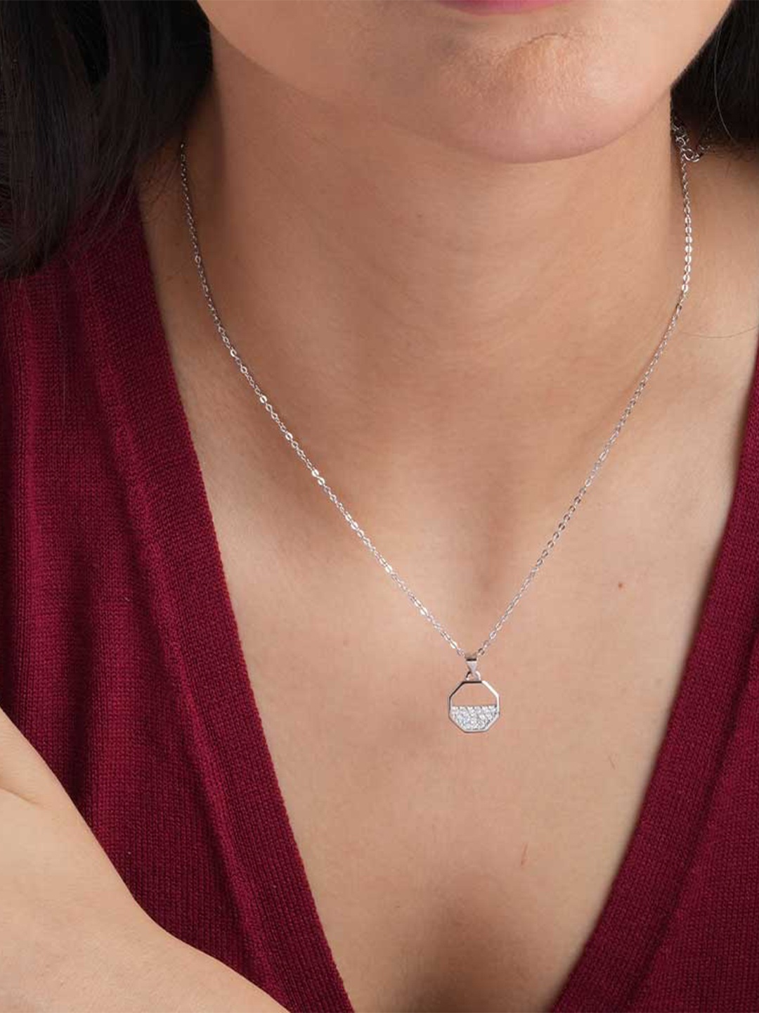 

PALMONAS Stainless Steel Silver-Plated Cubic Zirconia Octagon Necklace