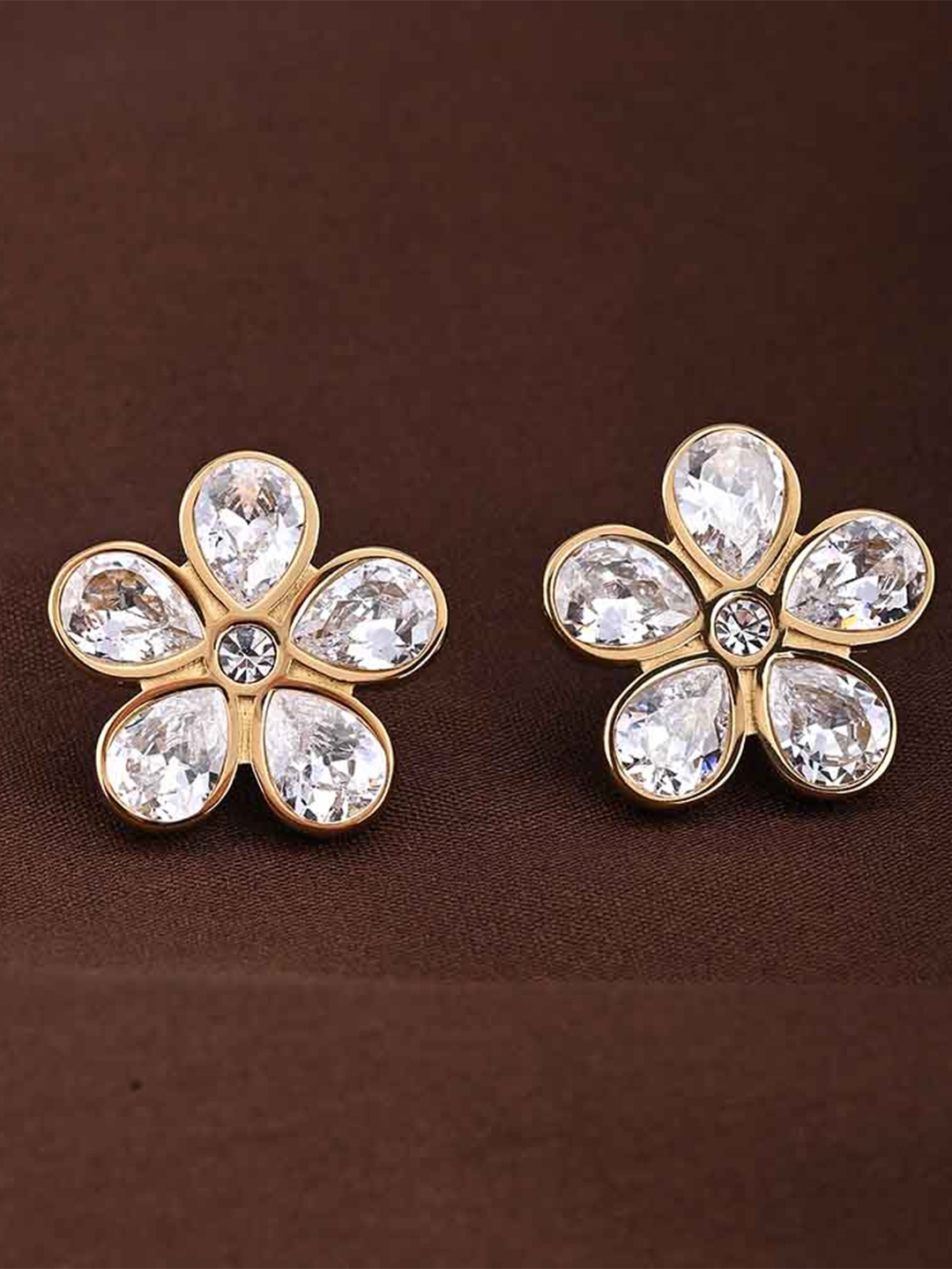 

PALMONAS Stainless Steel Gold-Plated Stone Studded Floral Studs