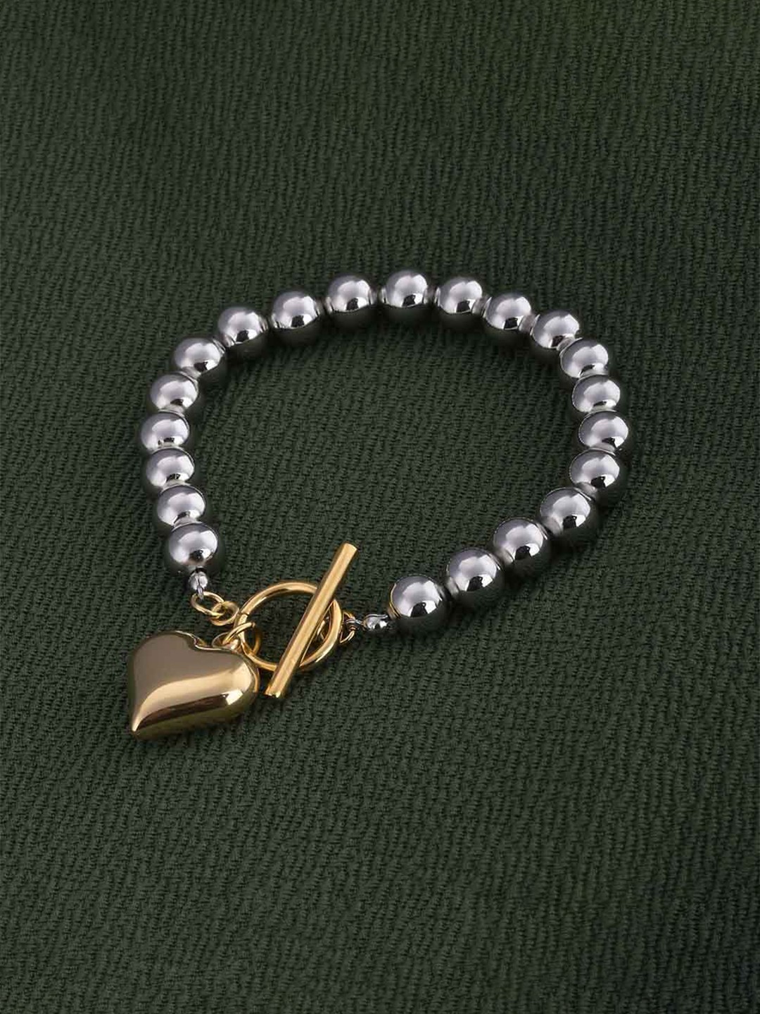 

PALMONAS Stainless Steel Silver-Plated Beaded Wraparound Bracelet With Gold Heart Charm