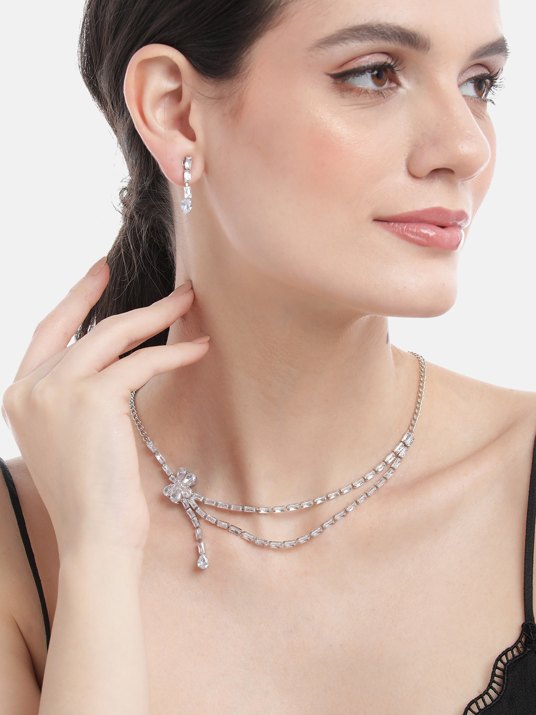 

MANSIYAORANGE Rhodium Plated AD-Studded Necklace With Earring Set, White