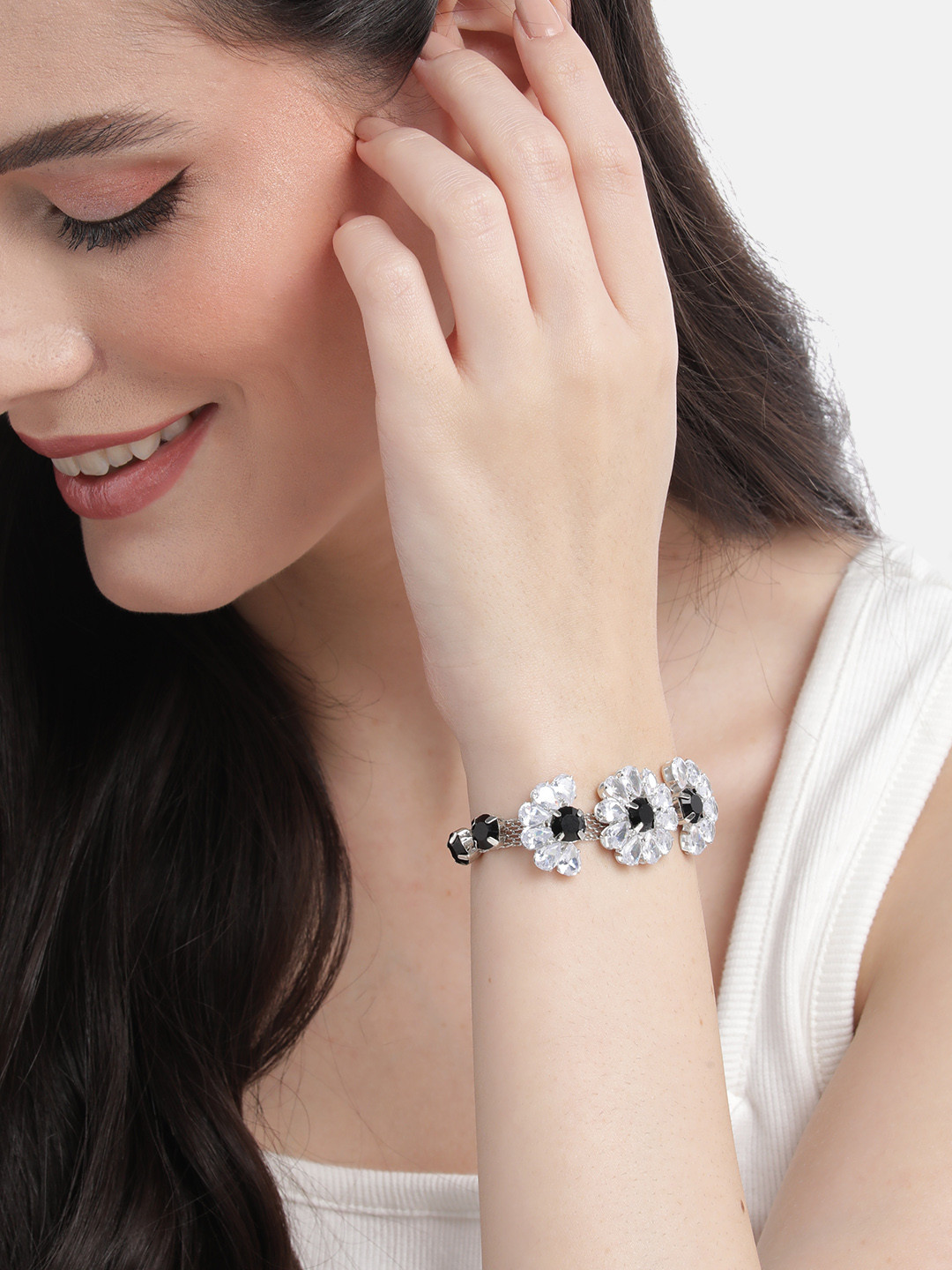 

MANSIYAORANGE Rhodium-Plated AD Studded Adjustable Link Bracelet, Black
