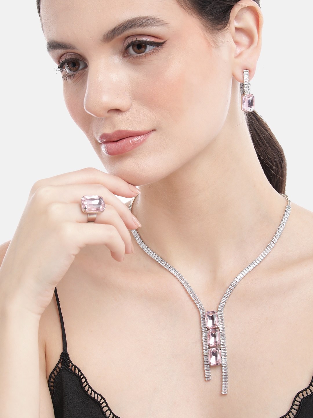 

MANSIYAORANGE Rhodium Plated AD Studded Necklace With Earring Set, Pink