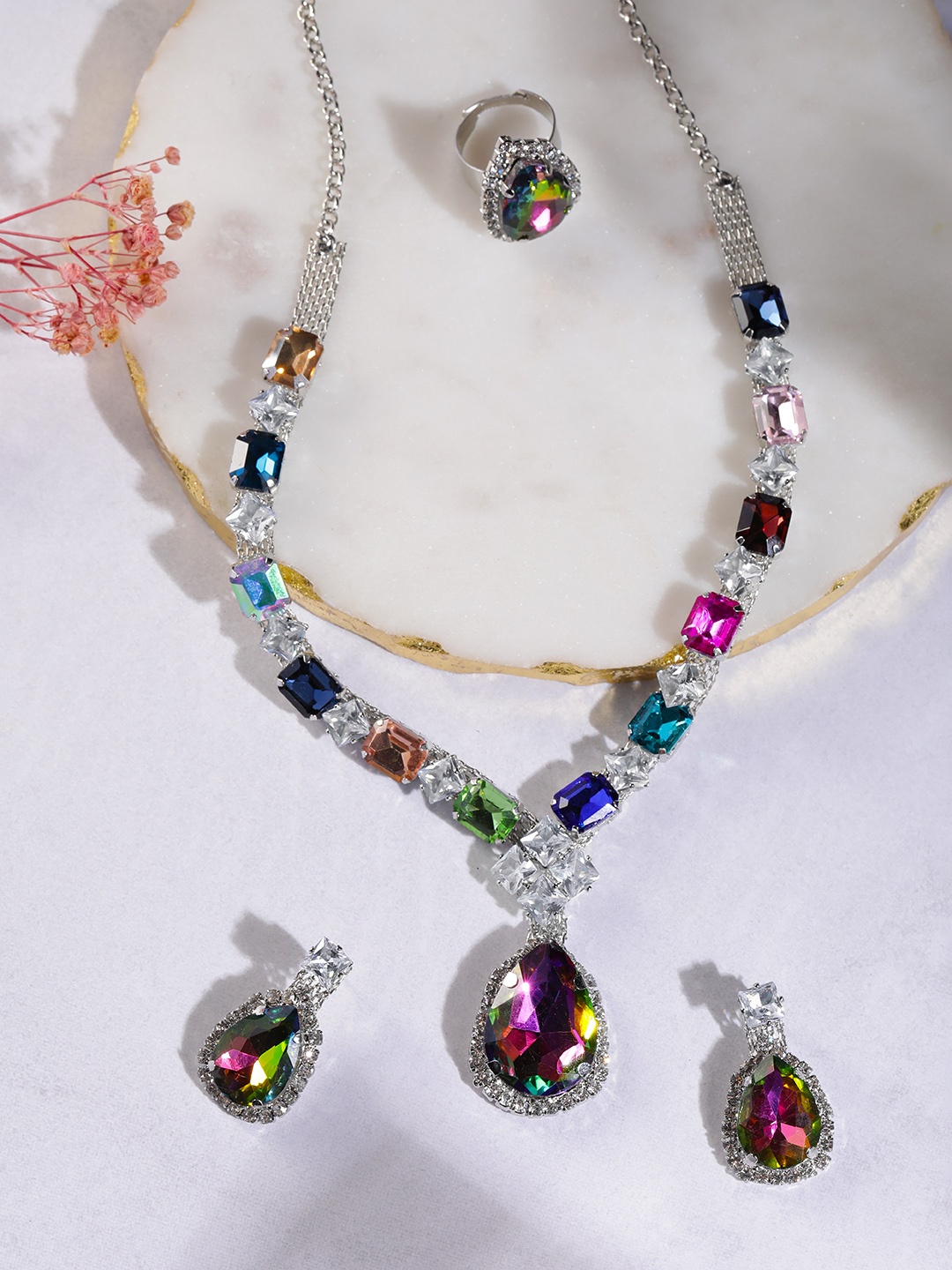 

MANSIYAORANGE Rhodium-Plated AD Studded Necklace With Earring & Adjustable Ring, Multi