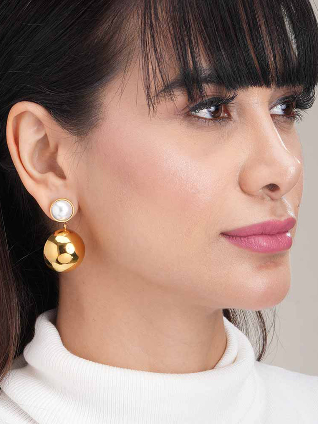 

PALMONAS Stainless Steel Gold Plated Pearl Beaded Contemporary Drop Earrings