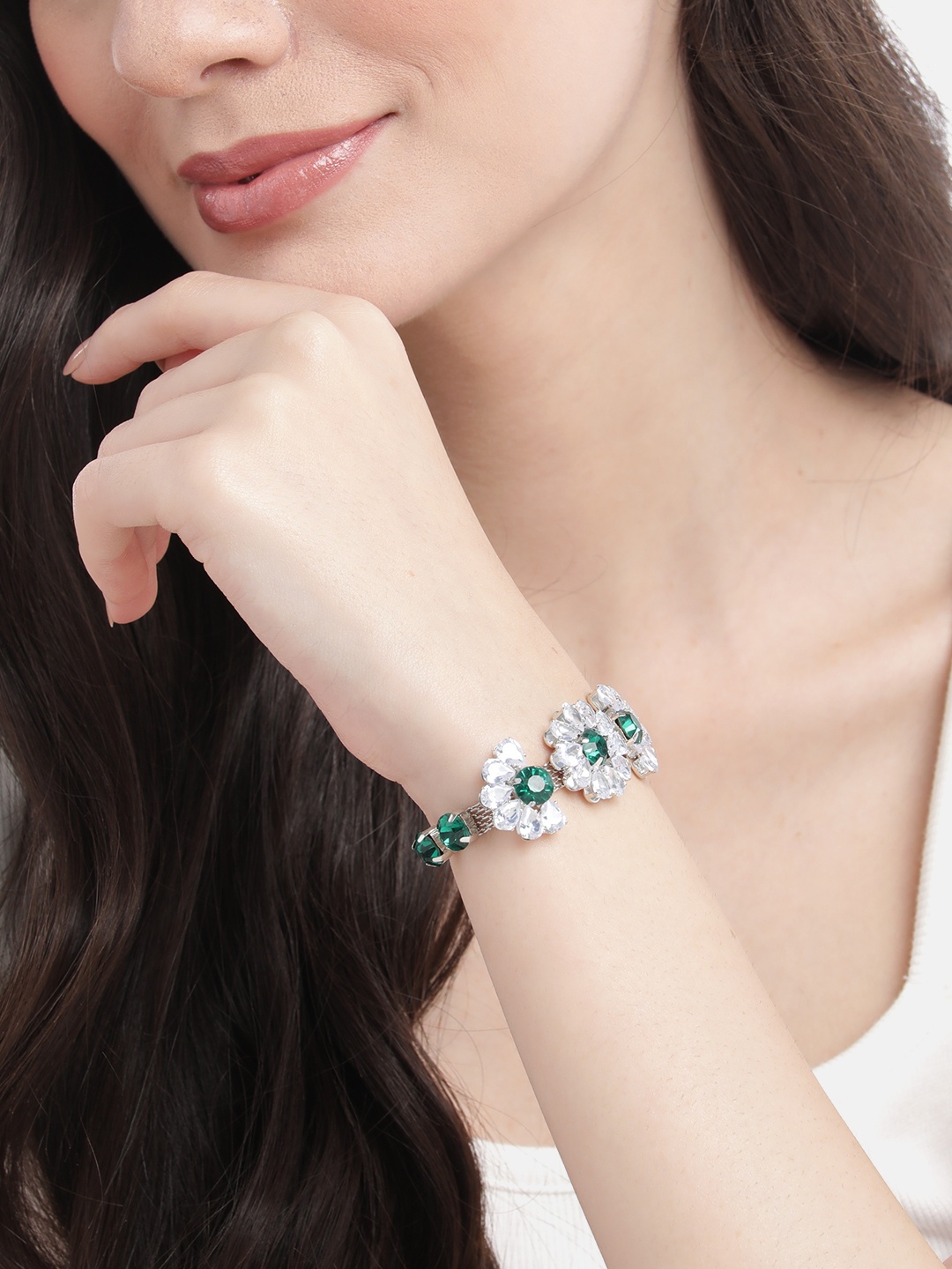 

MANSIYAORANGE Rhodium-Plated AD Studded Adjustable Link Bracelet, Green