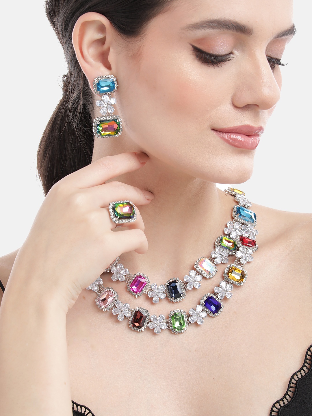 

MANSIYAORANGE Rhodium-Plated AD Studded Necklace With Earring & Adjustable Ring, Multi