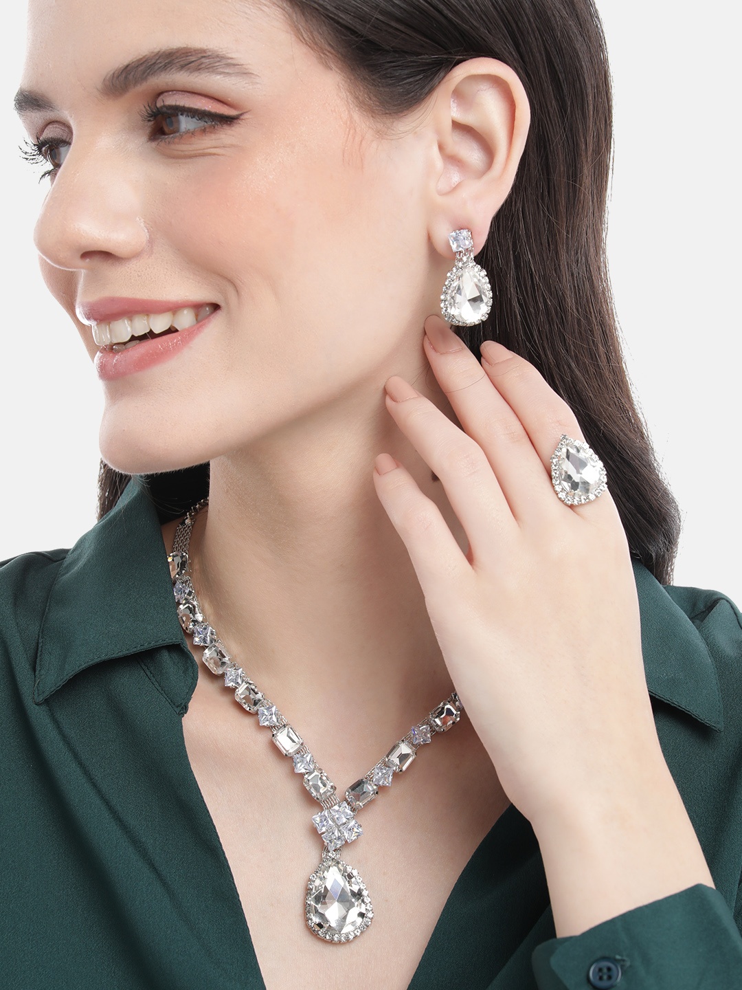 

Mansiyaorange Rhodium White Crystal AD Gemstone-Studded Jewelry Set, Silver