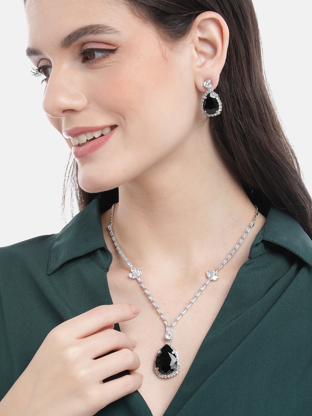 

Mansiyaorange Rhodium Plated Black Color Crystal AD Gemstone-Studded Jewelry Set