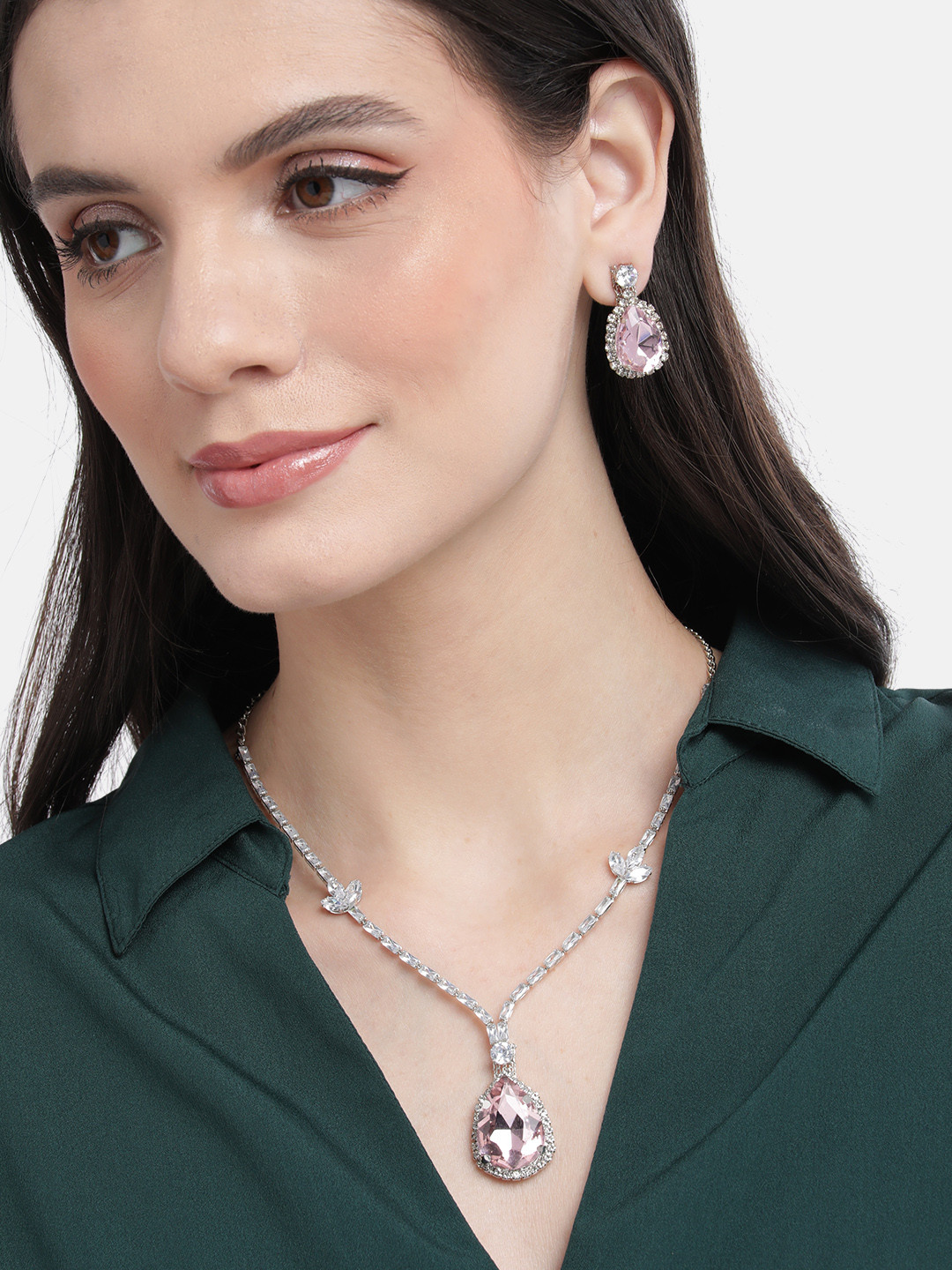 

Mansiyaorange Rhodium Plated Pink Color Crystal AD Gemstone-Studded Jewelry Set