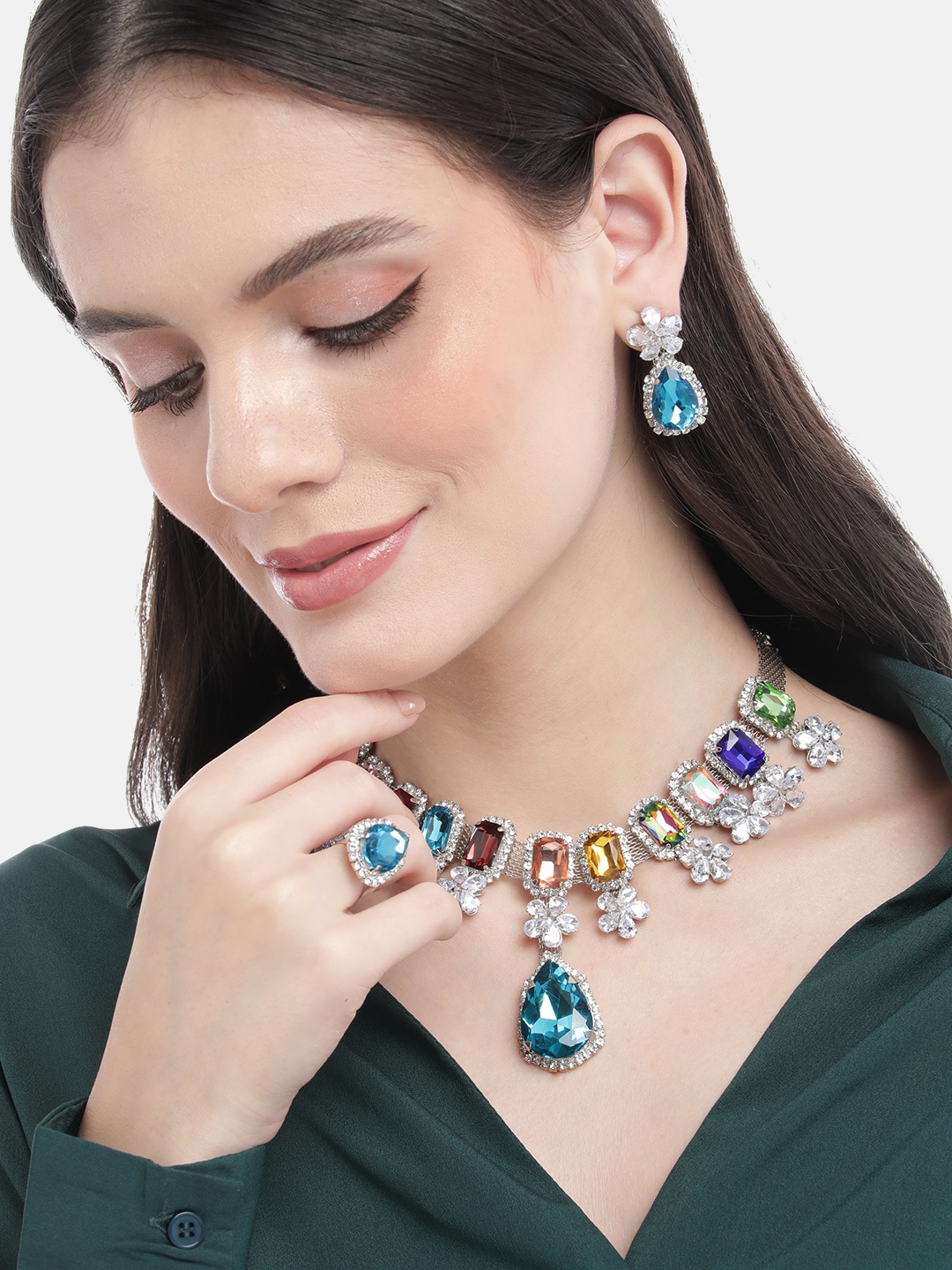 

Mansiyaorange Rhodium Multi-Colored Crystal AD Gemstone-Studded Jewelry Set, Pink