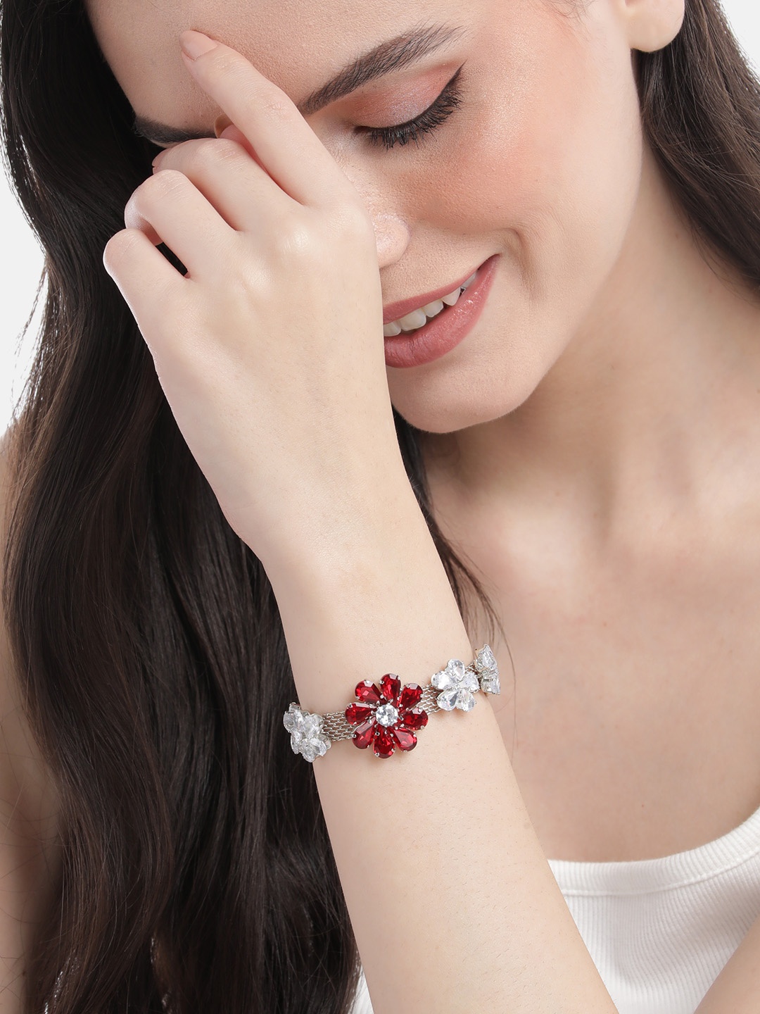

MANSIYAORANGE Rhodium-Plated AD Studded Adjustable Link Bracelet, Red