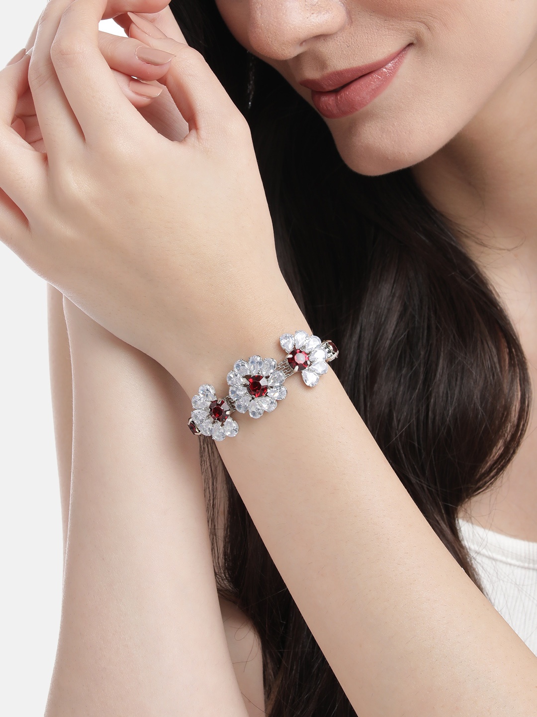 

MANSIYAORANGE Rhodium-Plated AD Studded Adjustable Link Bracelet, Red