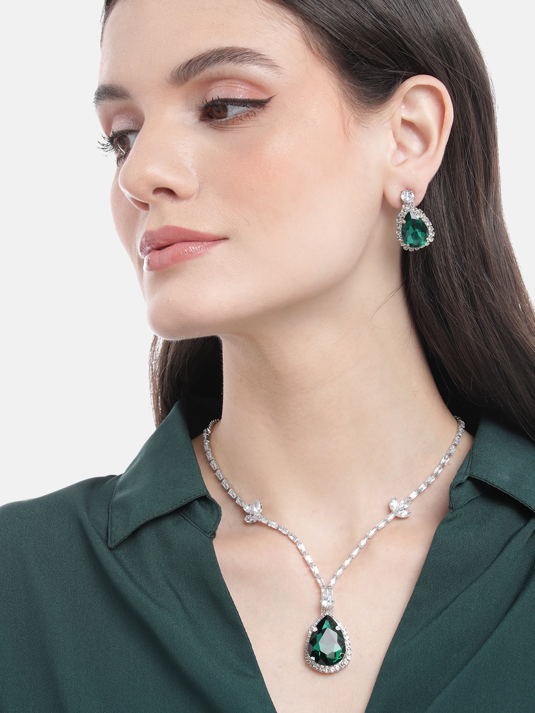 

Mansiyaorange Rhodium Plated Green Colo Crystal AD Gemstone-Studded Jewelry Set