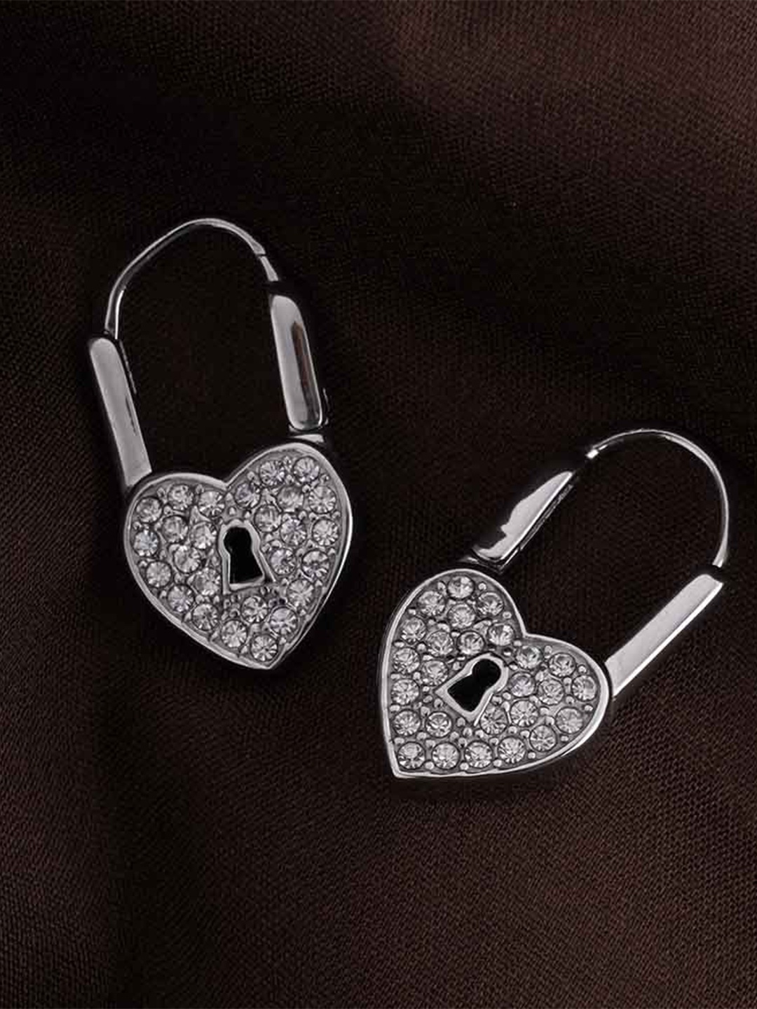 

PALMONAS Stainless Steel Silver -Plated Stone Studded Heart Shaped Love Lock Hoop Earrings