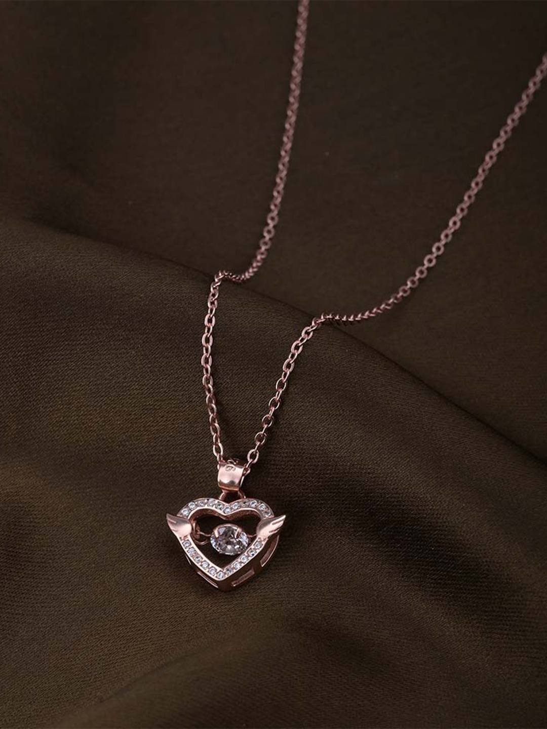 

PALMONAS Rose Gold Plated Stainless Steel Cubic Zirconia Heart Shaped Pendant With Chain