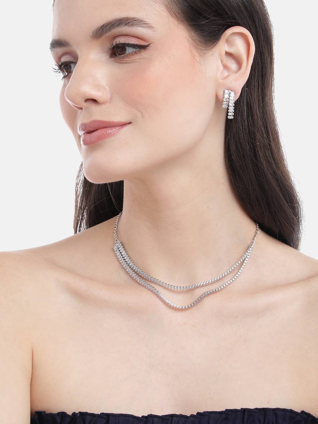 

Mansiyaorange Rhodium Plated White Crystal AD Gemstone-Studded Jewelry Set, Silver