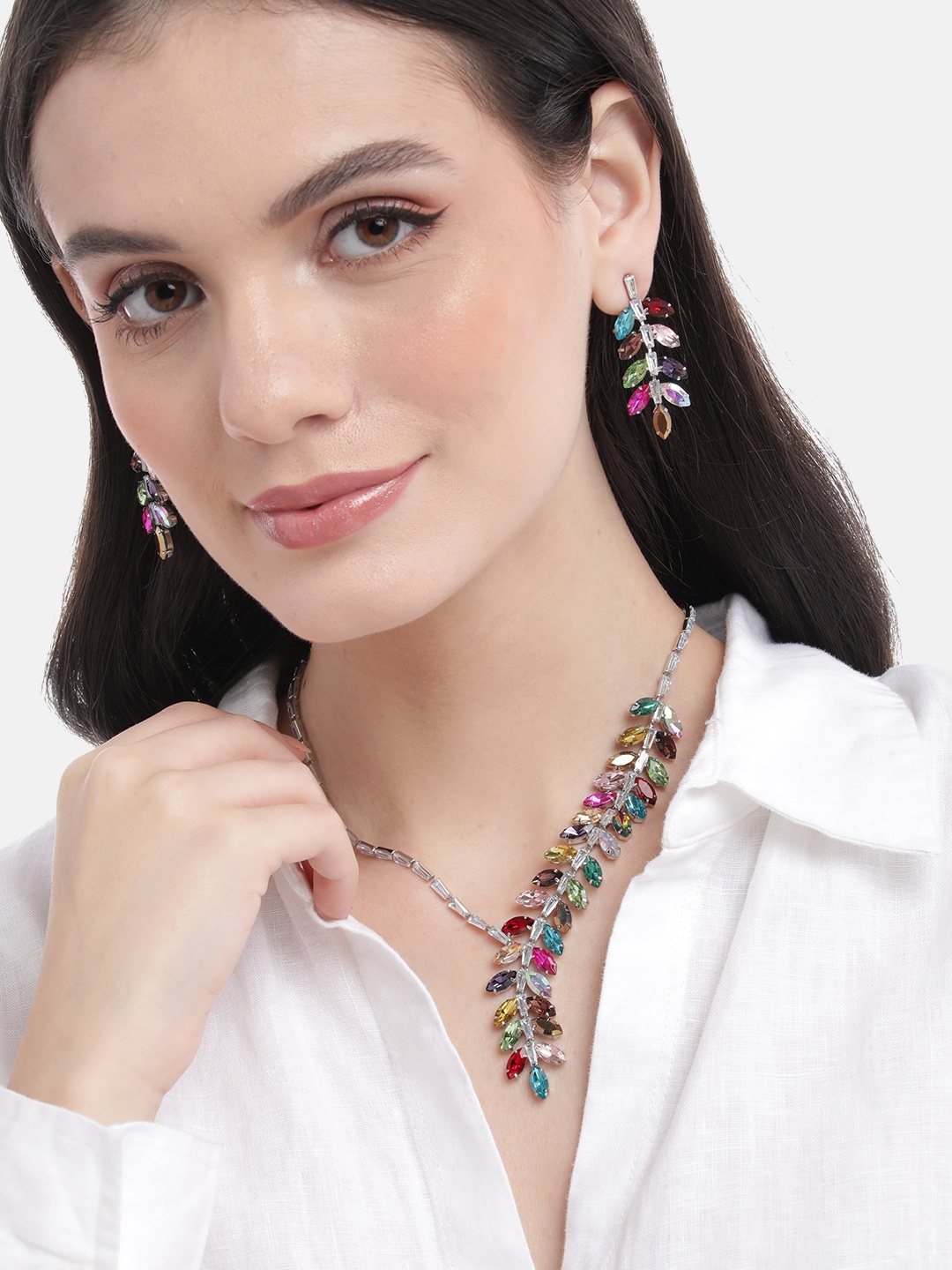 

MANSIYAORANGE Rhodium Plated Multi Color Crystal AD Gemstone-Studded Jewelry Set