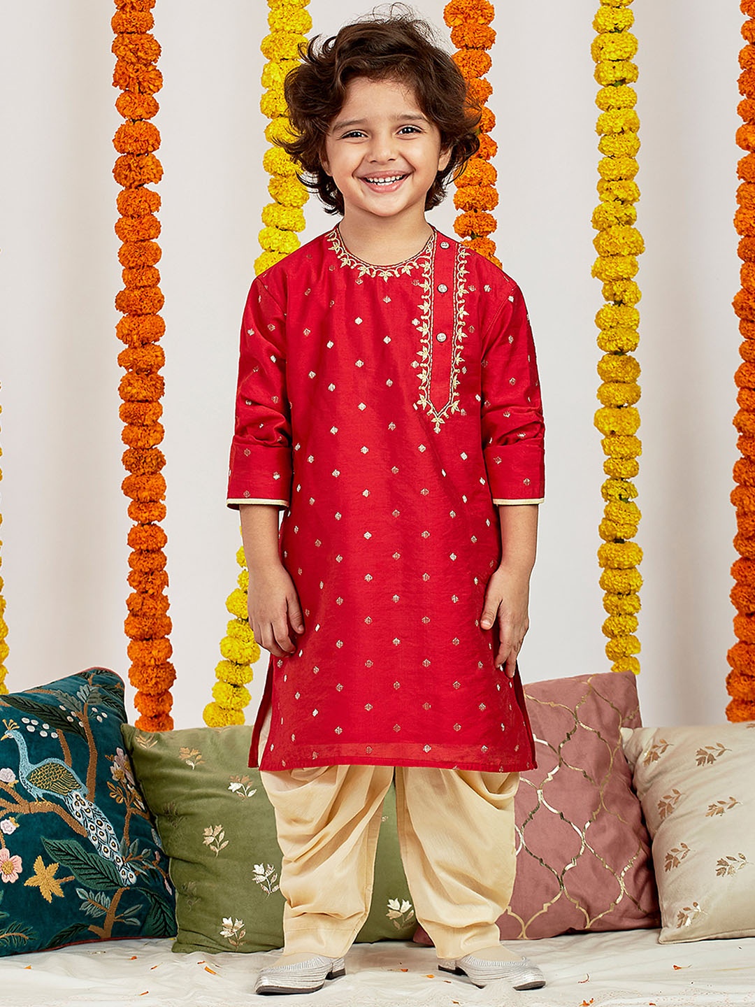 

VASTRAMAY Boys Embroidered Angrakha Thread Work Kurta With Dhoti Pants, Red