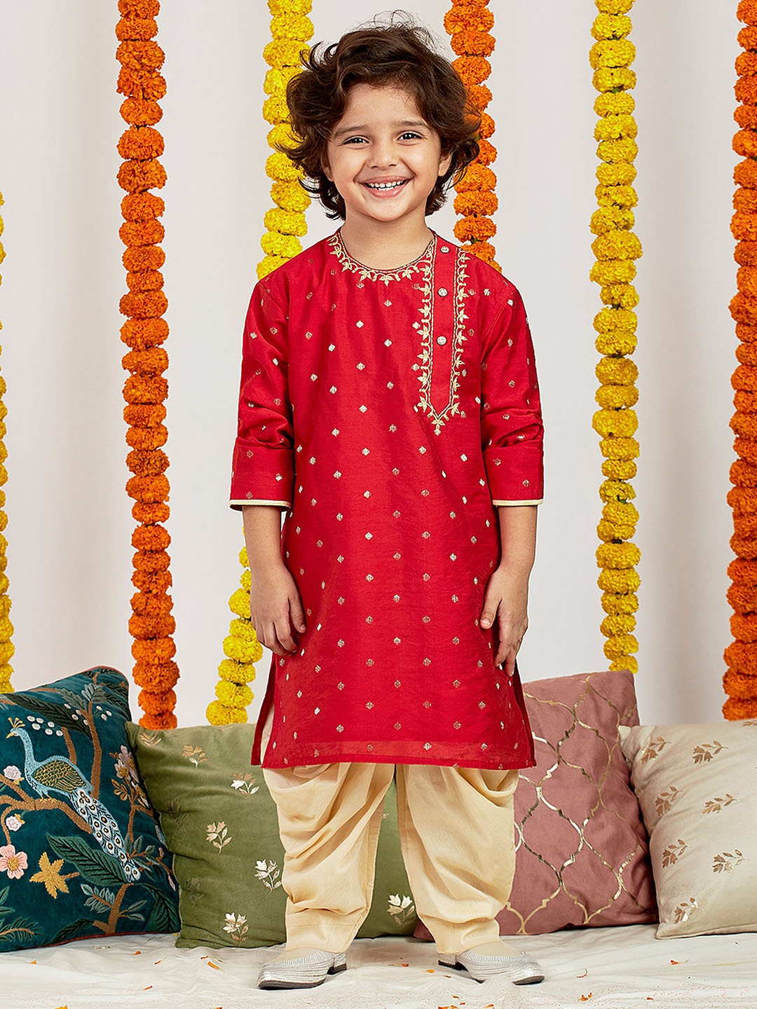 

VASTRAMAY Boys Embroidered Angrakha Thread Work Kurta With Dhoti Pants, Red