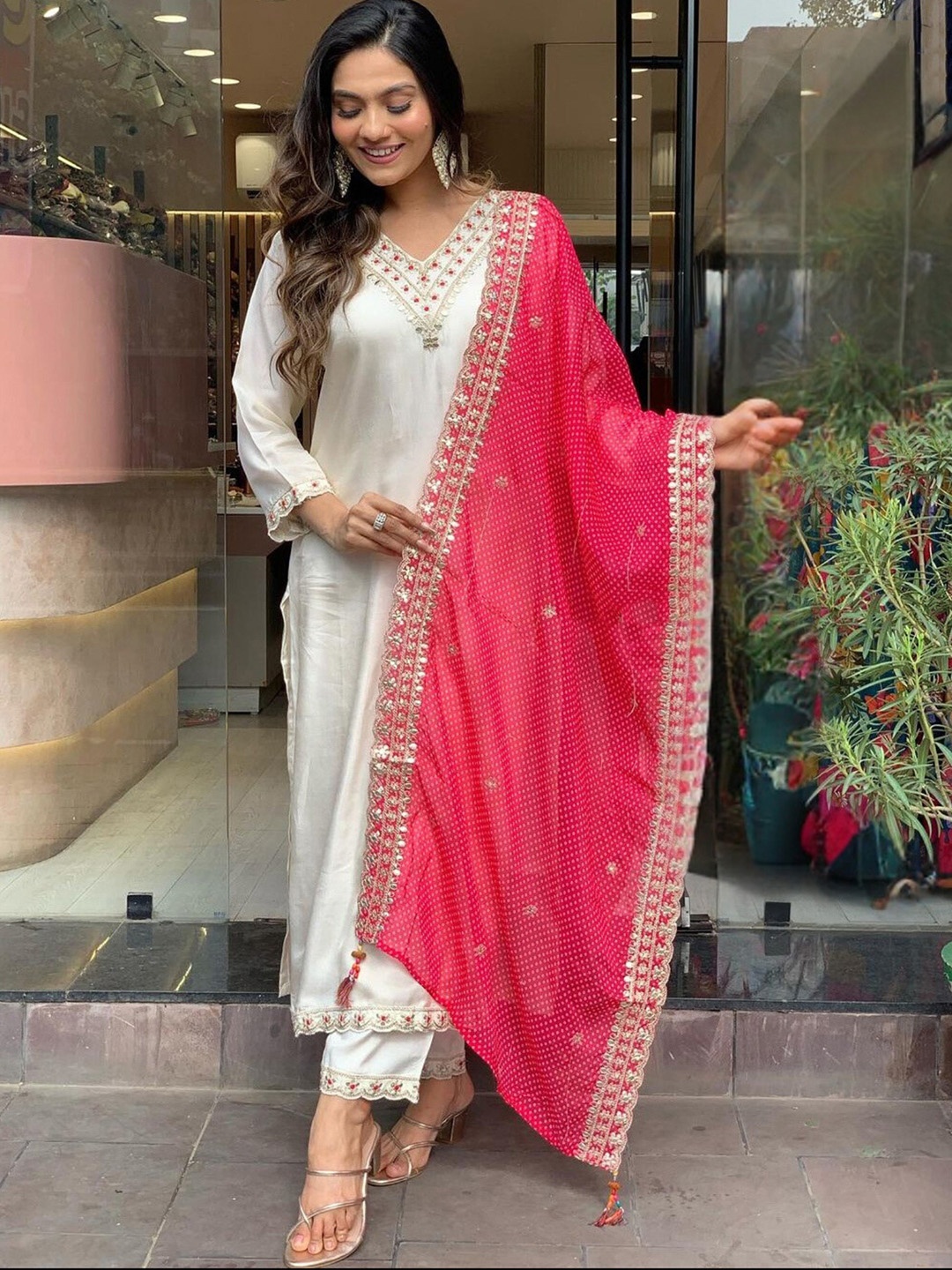 

KALINI Embroidered Regular Sequinned Chanderi Silk Straight Kurta with Trousers & Dupatta, Red