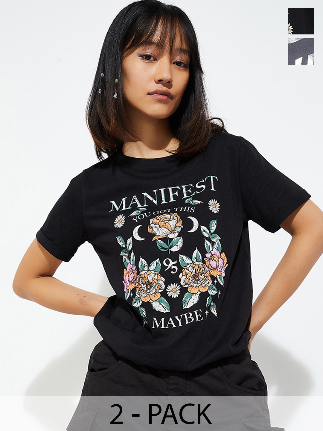 

Max Urb_N Women Pack of 2 Cotton Graphic Printed T-Shirt, Black