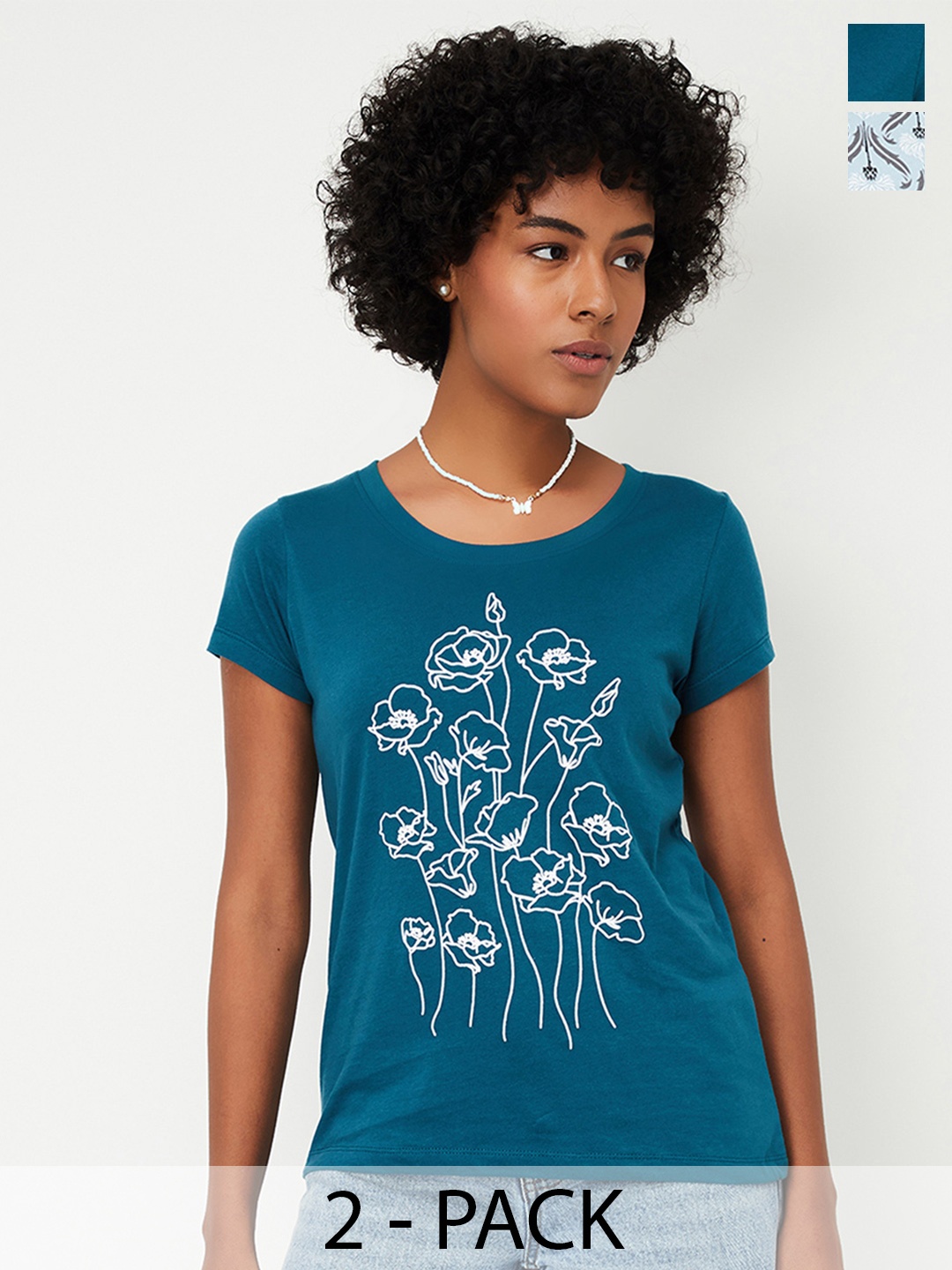 

max Women Pack of 2 Graphic Printed T-shirt, Teal