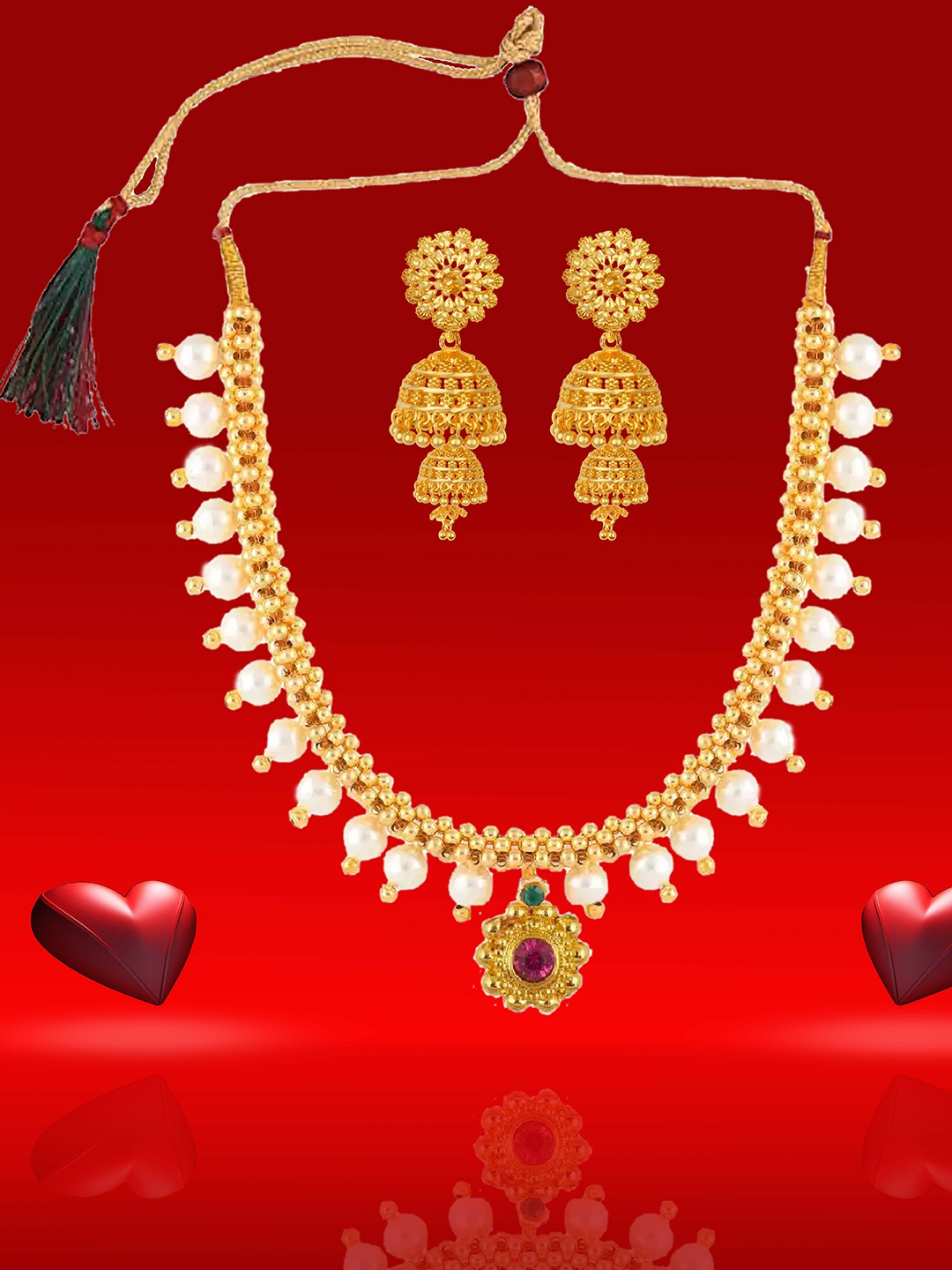 

Heer Collection Gold Plated Artificial Stones Studded Thushi Choker Necklace With Earrings