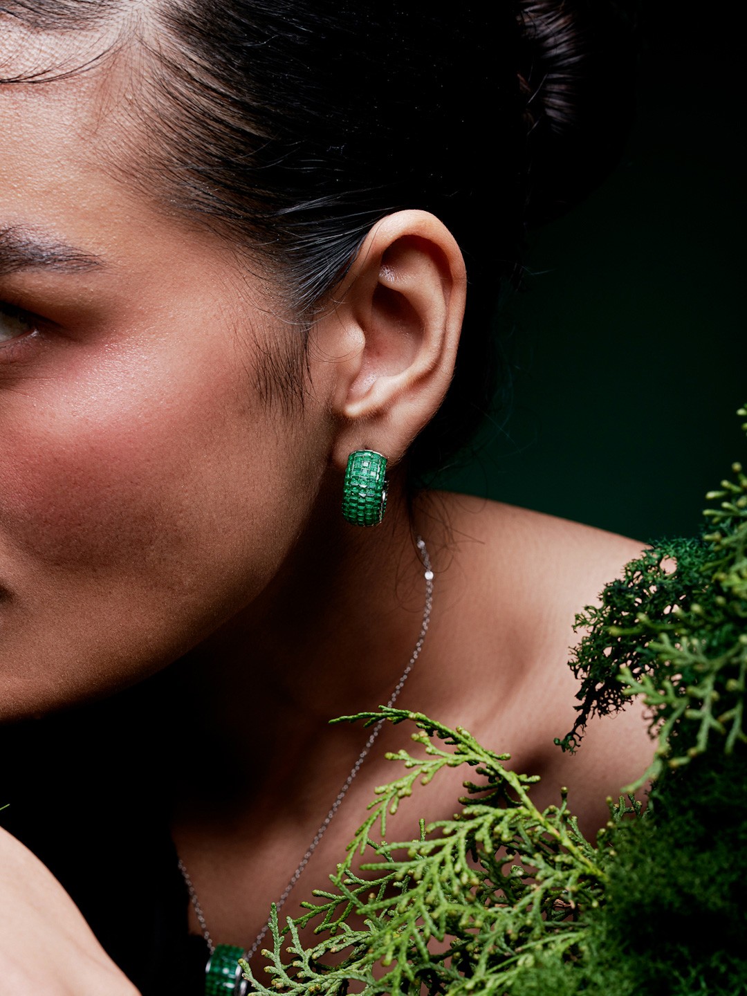 

MISS JO 925 Sterling Silver Rhodium Plated Artificial Stones Studded Half Hoop Earrings, Green