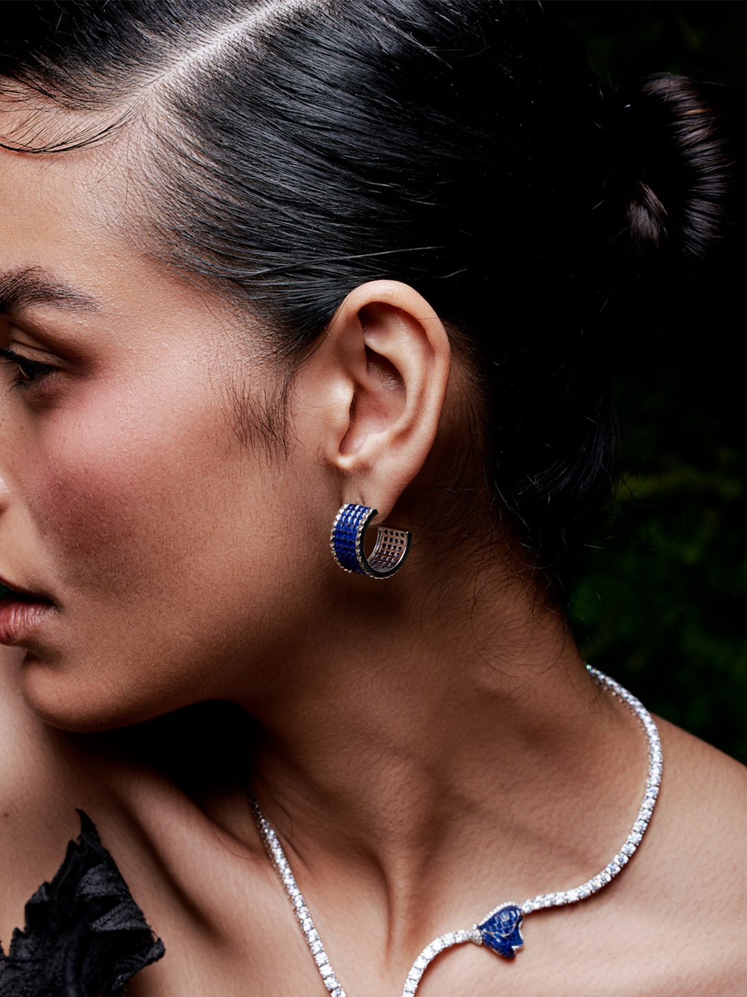 

MISS JO 925 Sterling Silver Rhodium-Plated Circular Stone Studded Half Hoop Earrings, Blue