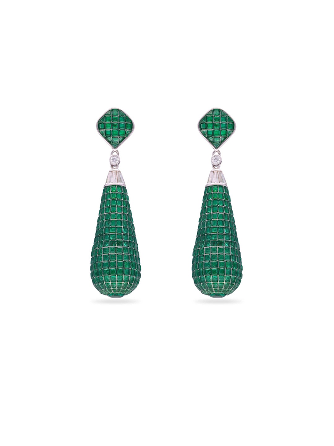 

MISS JO 925 Sterling Silver Rhodium-Plated Stones Studded Contemporary Drop Earrings, Green