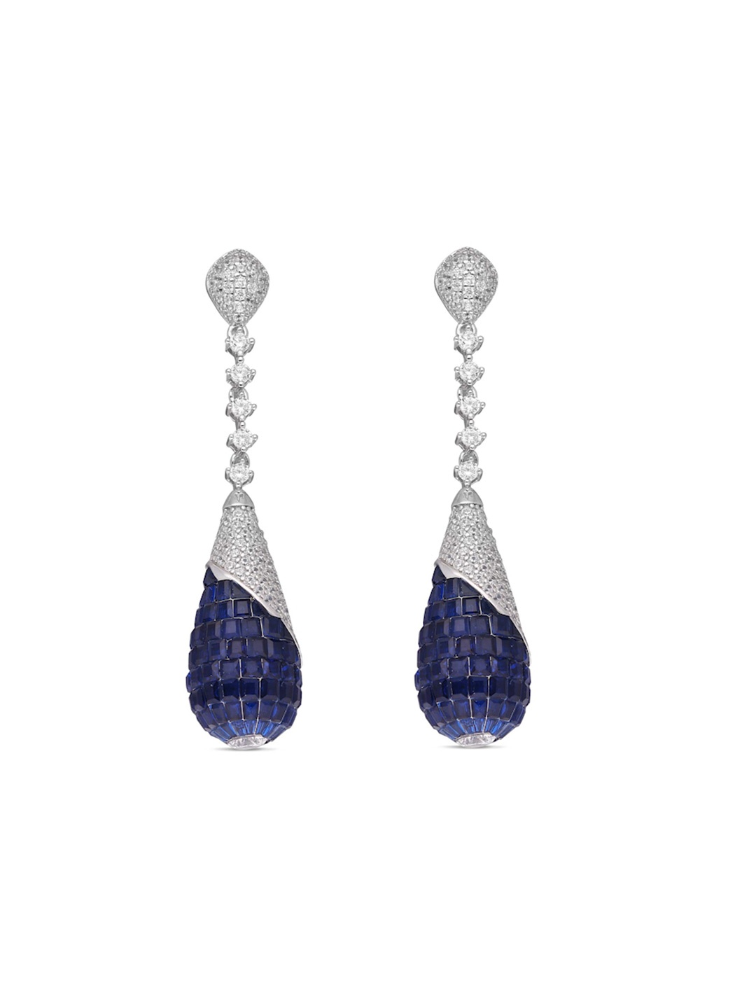 

MISS JO 925 Sterling Silver Rhodium-Plated Teardrop Shaped Stone Studded Drop Earrings, Blue