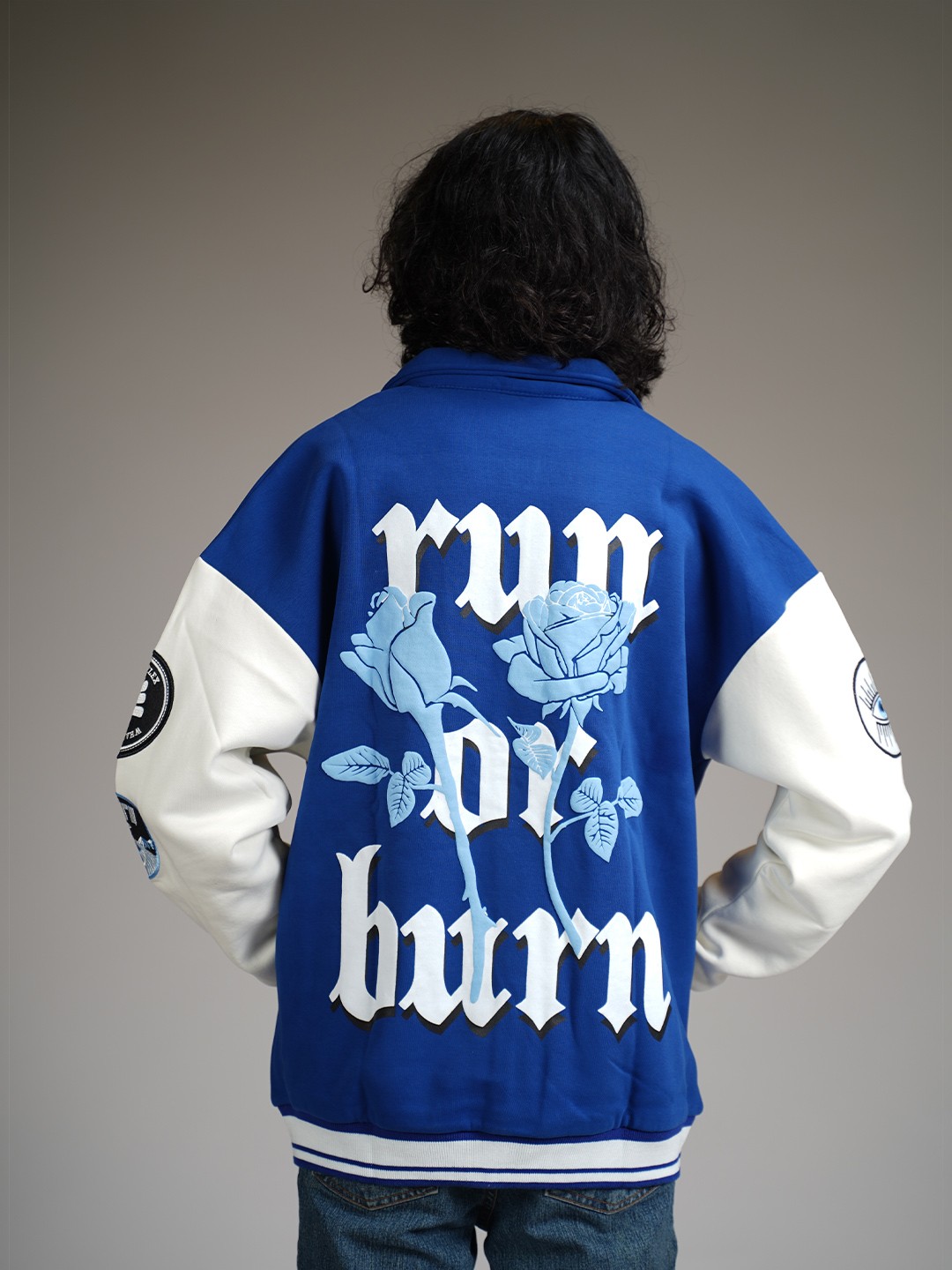 

WHAT THE FLEX RUN OR BURN Unisex Typography Embroidered Spread Collar Varsity Jacket, Blue