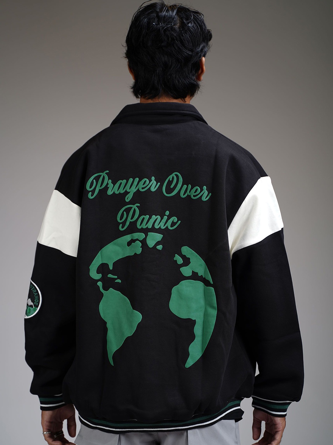 

WHAT THE FLEX PRAYER OVER PANIC Unisex Typography Embroidered Spread Collar Varsity Jacket, Black