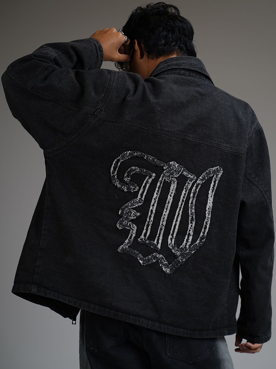 

WHAT THE FLEX CHARCOAL BLACK Unisex Graphic Embroidered Spread Collar Denim Jacket
