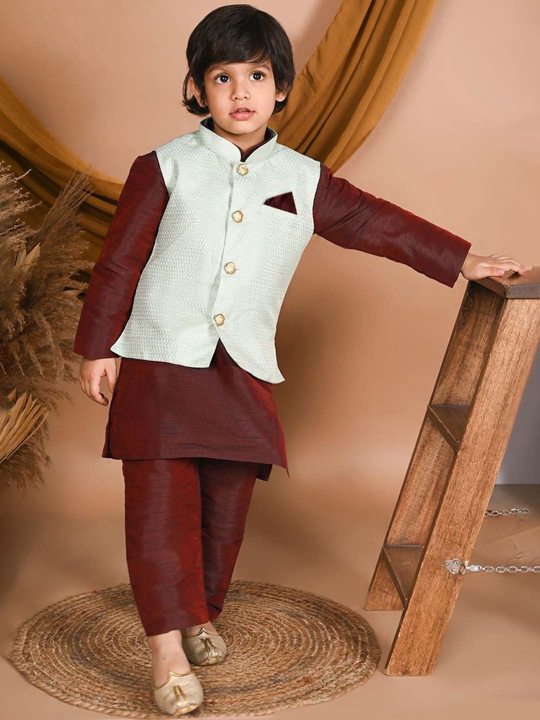 

Pehanaava Boys Mandarin Collar Kurta with Pyjamas & Waistcoat, Maroon