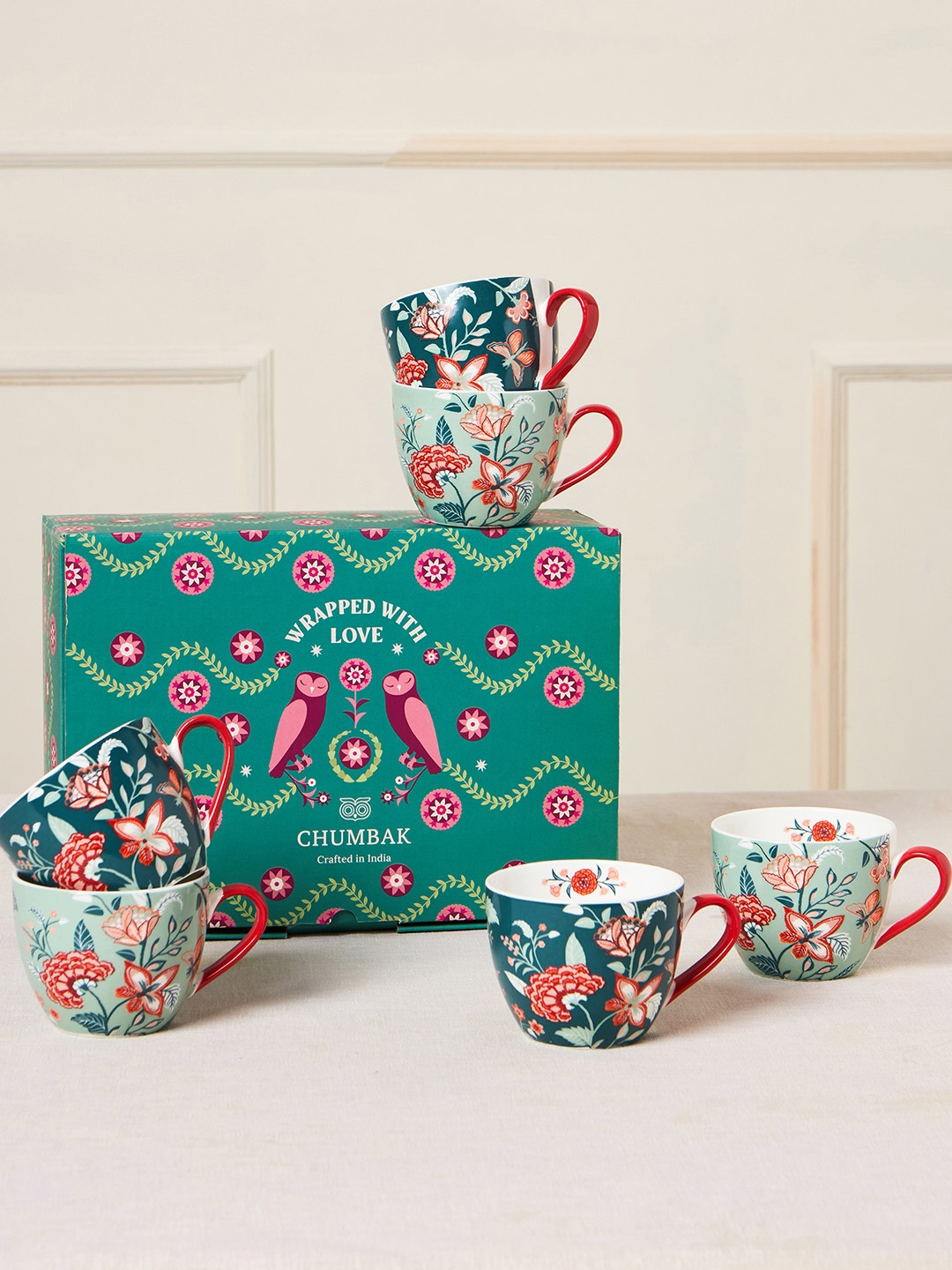 

Chumbak Blue & Green 6 Pieces Floral Printed Ceramic Glossy Tea Mugs