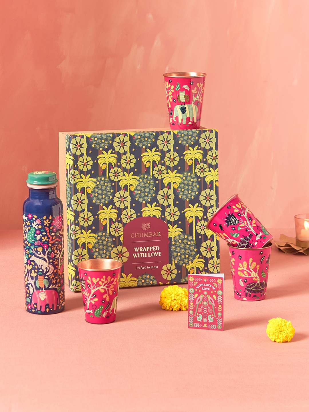 

Chumbak Pink & Blue 5 Pieces Printed Copper Drinkware Gift Set